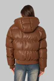 Wintry Faux Leather Hooded Puffer