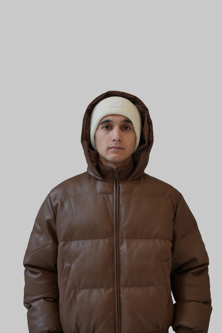 Wintry Faux Leather Hooded Puffer