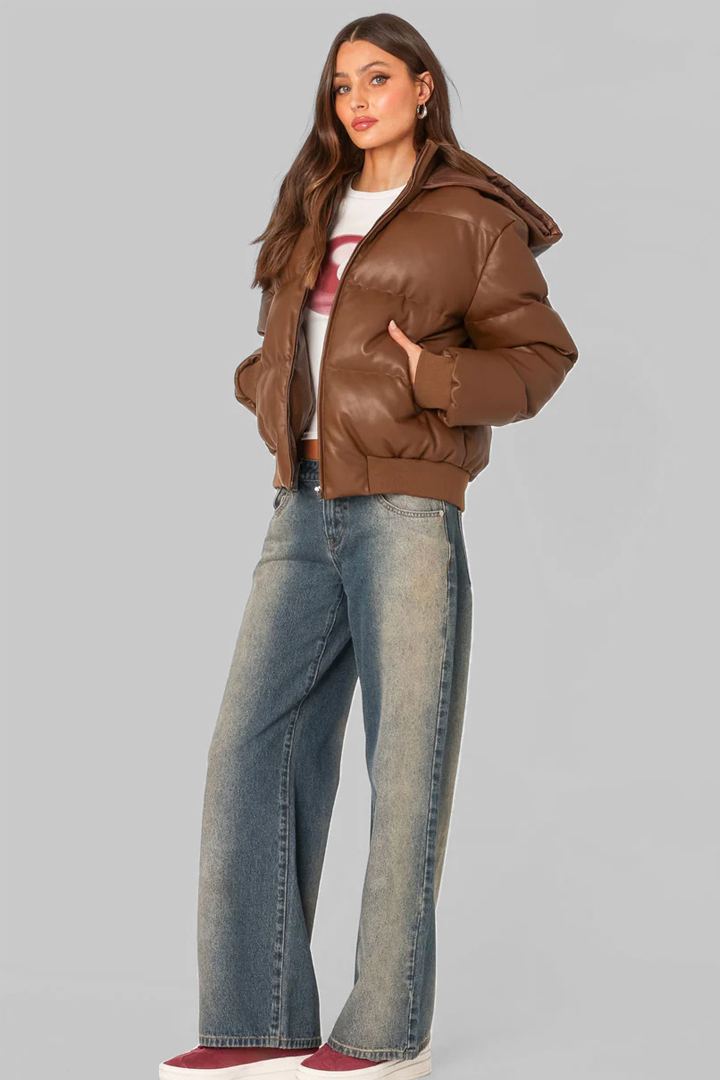 Wintry Faux Leather Hooded Puffer
